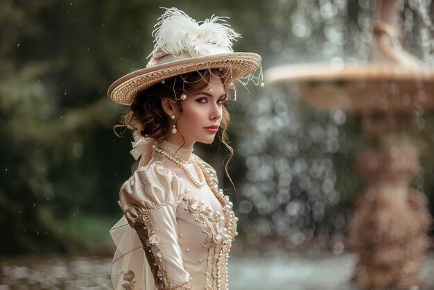 Photo elegant victorian woman in satin gown by fountain poised