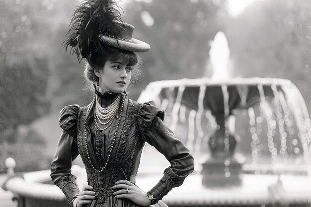 Photo elegant victorian woman in satin gown by fountain poised