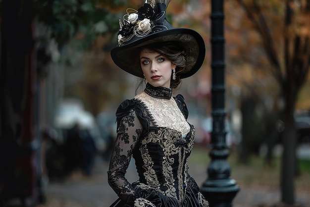 Elegant Victorian woman in satin gown and ornate hat