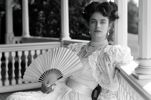 Elegant Victorian woman in satin gown on terrace