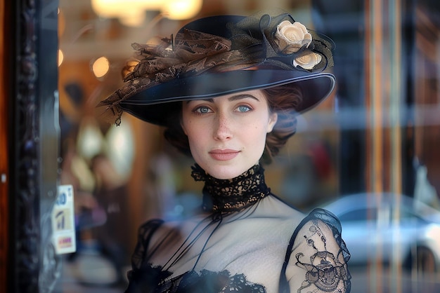 Elegant Victorian woman shopping with high collar dress and hat