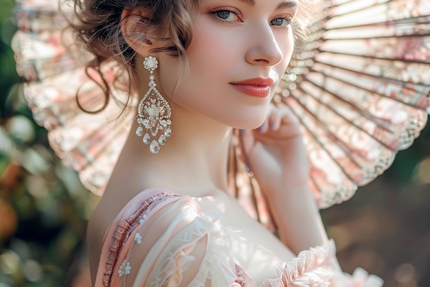 Elegant Victorian woman in silk dress and diamond earrings concert