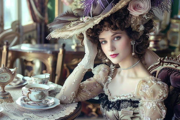 Elegant Victorian woman in silk gown at charming tea party