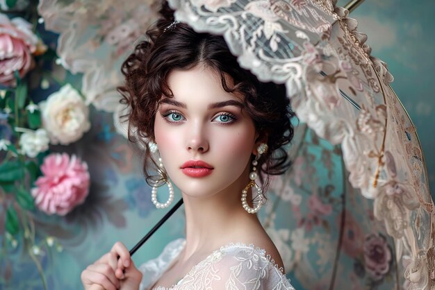 Elegant Victorian Woman with Flowers and Parasol