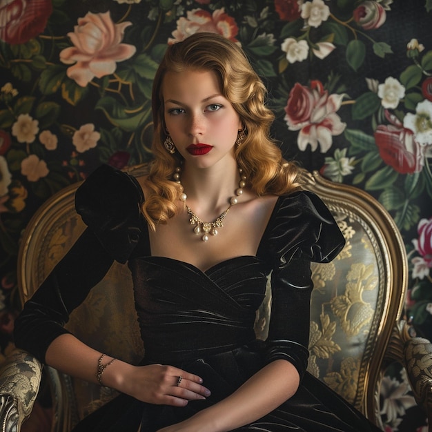 Elegant Vintage Chic Woman Sitting on Chair Background