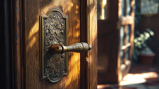 An elegant vintage door handle with intricate designs showcases craftsmanship This image captures a warm inviting atmosphere Perfect for home decor and renovation themes AI