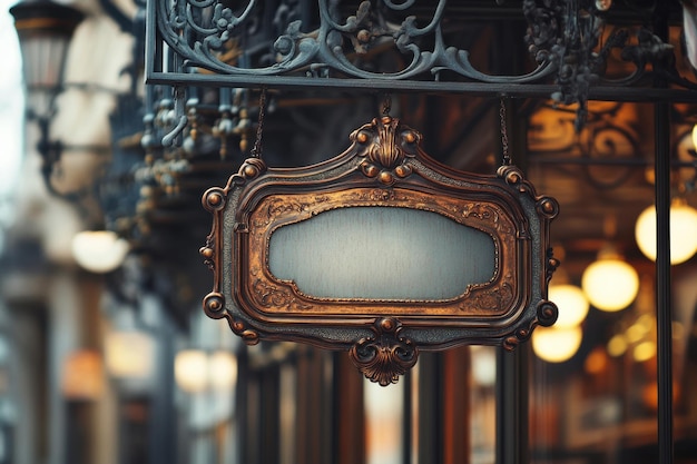 Photo elegant vintage sign hanging outside an ornate building during dusk inviting visitors to explore