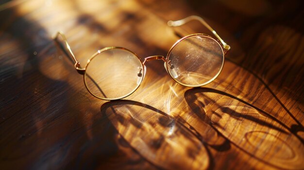 Photo elegant vintage spectacles on wooden surface with shadows