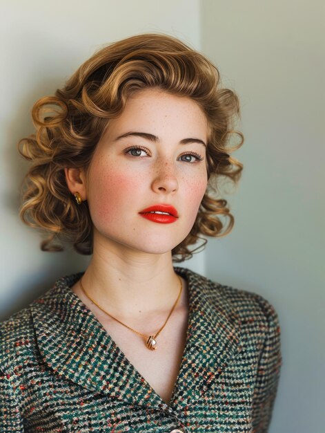 Elegant Vintage Woman with Classic Hairstyle and Makeup Posing in a Tweed Dress with White