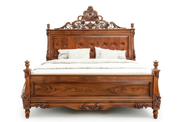 Photo elegant vintage wooden bed with intricate carvings and luxurious plush bedding in a serene bedroom setting