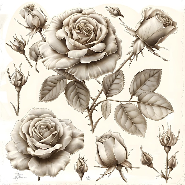 Photo elegant vintagestyle rose illustrations in soft beige tones