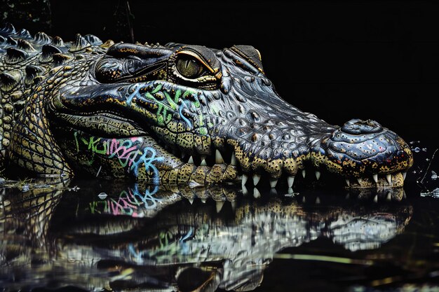 Elegant Visual Hyperrealistic movie poster of crocodile with graffiti on black background