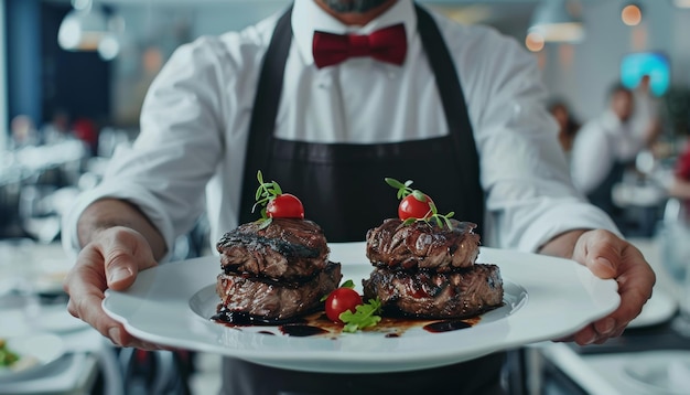 Elegant waiter serving meat dishes at upscale event enhancing ambiance in luxurious restaurant