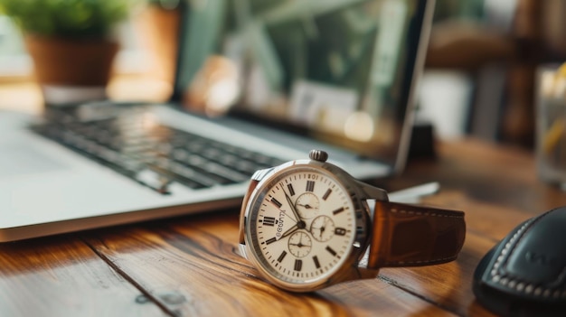 Elegant watch with leather strap placed on a wooden desk near an open laptop highlighting sophistication