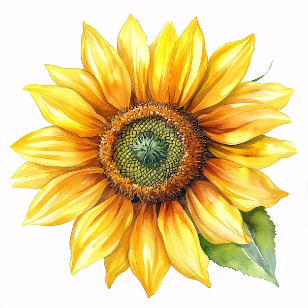 Elegant watercolor depiction of a vibrant sunflower bloom on a pristine white background