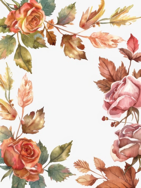 Photo elegant watercolor floral border with roses and autumn leaves ideal for invitations and decorative backgrounds