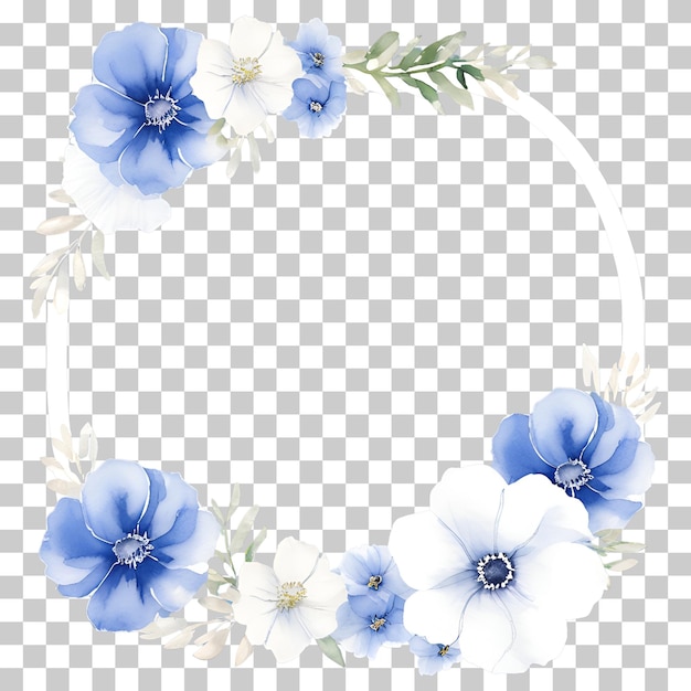 Photo elegant watercolor floral wreath with blue and white flowers in circular arrangement