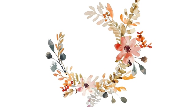 Elegant Watercolor Floral Wreath with Flourishing Leaves and Botanical Details