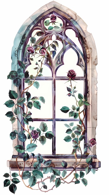 Photo elegant watercolor illustration of pink roses climbing a gothic window frame