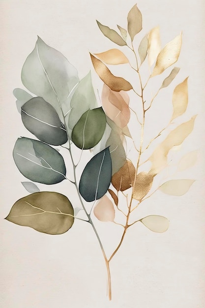 Elegant Watercolor Painting of a Beige and Sage Eucalyptus Leaf