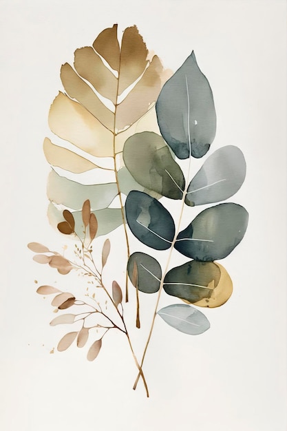 Elegant Watercolor Painting of a Beige Sage Eucalyptus Leaf