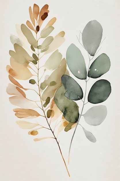 Elegant Watercolor Painting of a Beige and Sage Eucalyptus Leaf