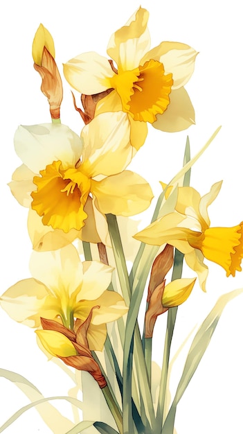 Photo elegant watercolor painting of yellow daffodil flowers in full bloom for spring and floral art