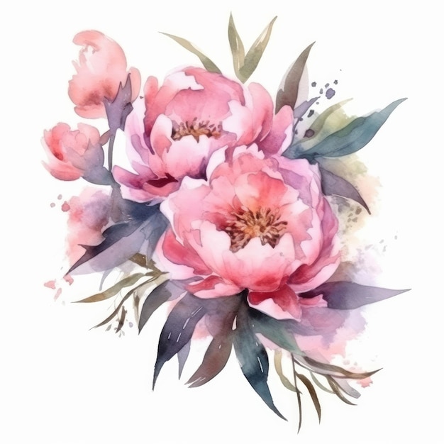 Elegant watercolor peony flower bouquet Illustration AI GenerativexA