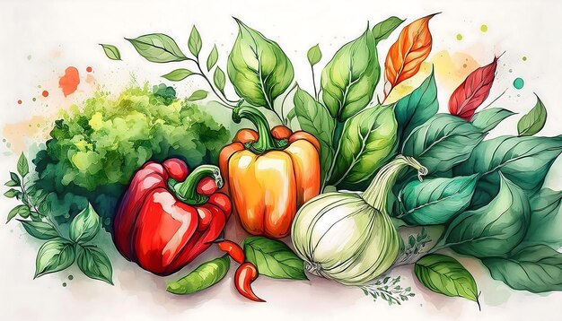 Photo elegant watercolor vegan artwork showcasing a beautifully detailed botanical illustration of various vegetables graphic clip art illustration ai generative