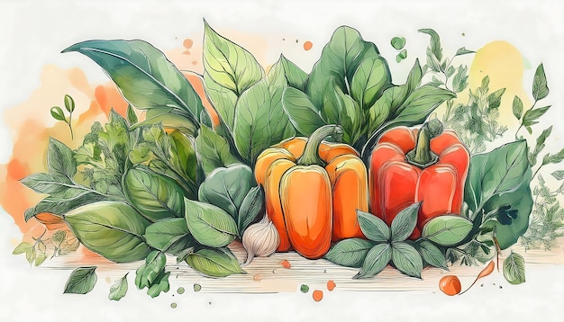 Photo elegant watercolor vegan artwork showcasing a beautifully detailed botanical illustration of various vegetables graphic clip art illustration poster