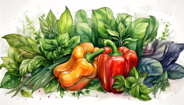 Photo elegant watercolor vegan artwork showcasing a beautifully detailed botanical illustration of various vegetables graphic clip art illustration