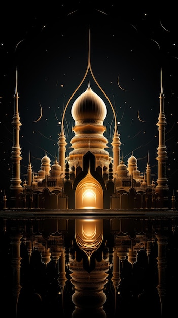 Elegant way of beautiful mosque shape on black background with gold light