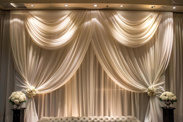 Photo elegant wedding backdrop with draped curtains and floral arrangements