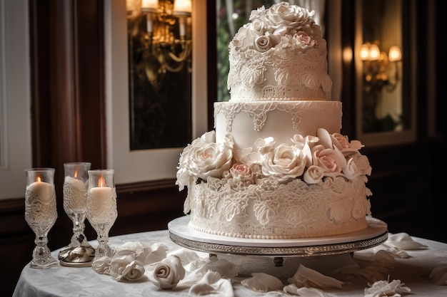 Elegant wedding cake topped with sugared roses generative IA