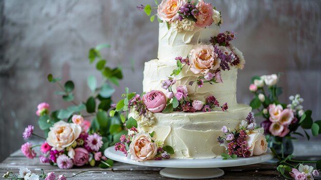 Elegant Wedding Cake with Cascading Flowers on Table