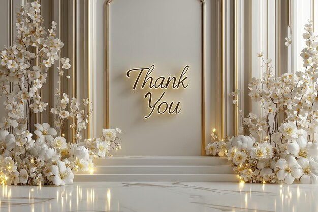 Photo elegant wedding ceremony backdrop with floral arrangements and thank you sign