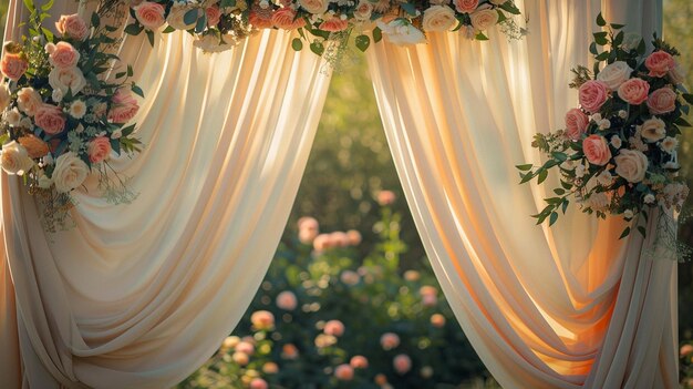 Elegant Wedding Ceremony Decor with Draped Fabric and Flowers