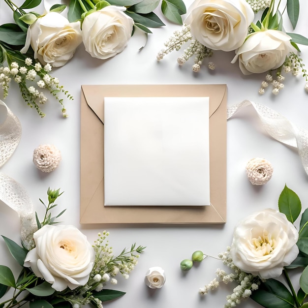 Elegant wedding invitation mockup featuring a blank card nestled within a kraft envelope adorned with delicate white roses and greenery