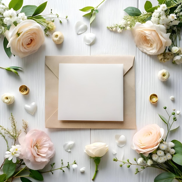 Elegant wedding invitation mockup featuring a blank card on a white wooden background with delicate floral arrangements