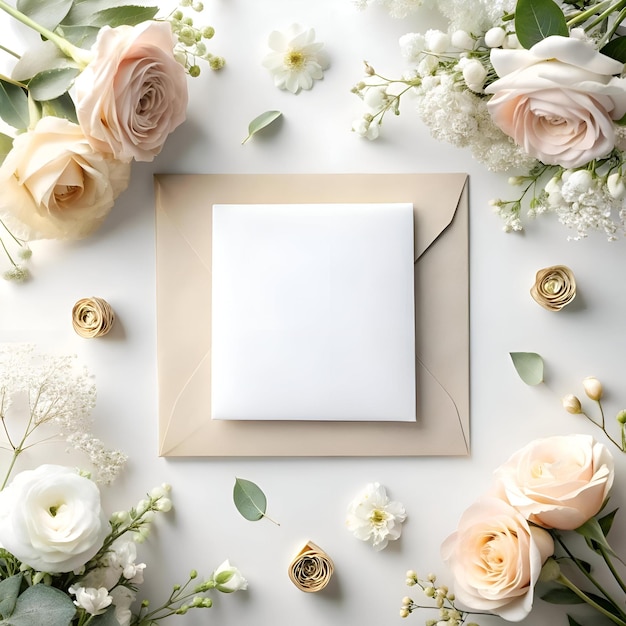 Photo elegant wedding invitation mockup featuring a blank card with a delicate floral arrangement