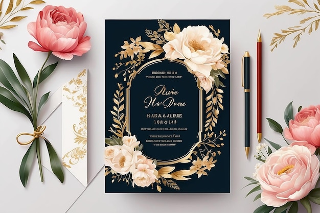 Photo elegant wedding invitation with gold and floral frame