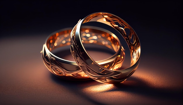 Elegant wedding rings are made of gold Closeup macro Dark background Al generated