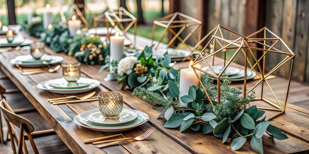 Photo elegant wedding table decor with eucalyptus and gold geometric accents on rustic wood