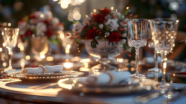 Elegant Wedding Table Setting on Glossy Backdrop Luxurious Decor and Attention to Detail High Re