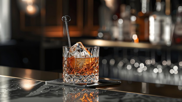 Elegant whiskey glass with ice on a sleek bar counter in a stylish dimlylit bar setting