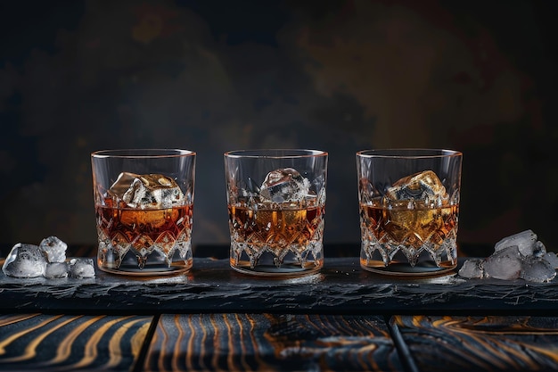 Photo elegant whiskey glasses with ice on a dark textured wood backdrop