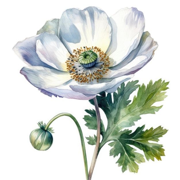 Elegant White Anemone Flower Watercolor on a Clean Background