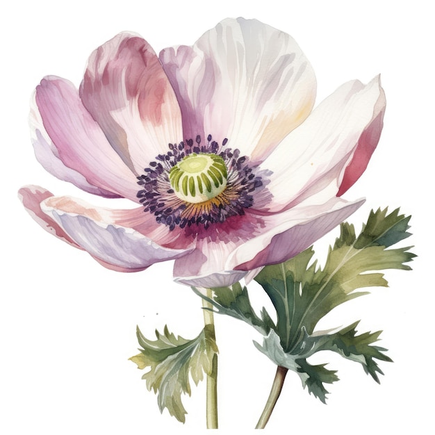 Elegant White Anemone Flower Watercolor on a Clean Background