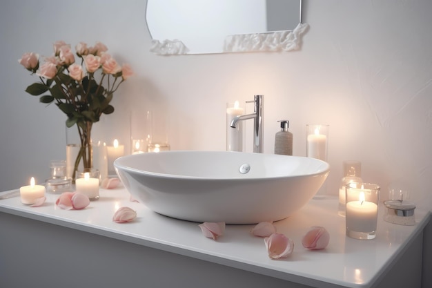 Elegant white bathroom interior with modern vessel sink