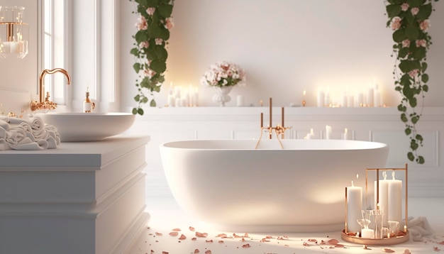 Elegant white bathroom interior with romantic atmosphere burning candles and rose petals Generative AI